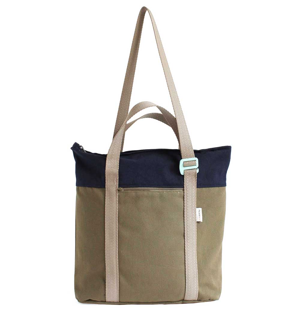 Recycled convertible tote backpack khaki blue